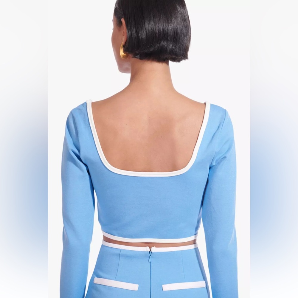 NWT STAUD Berry Long Sleeve Ponte Structured Crop Top in Sky/White - Picture 9 of 14